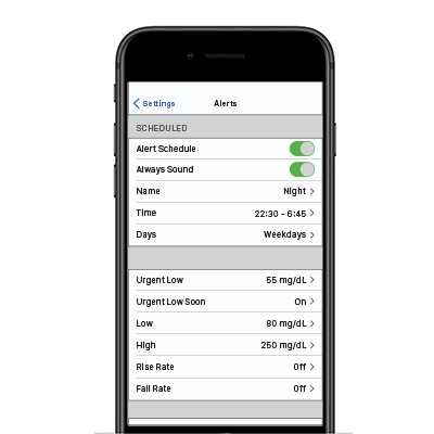 Smart device showing an example of customizing an alert schedule with the Dexcom G6 CGM